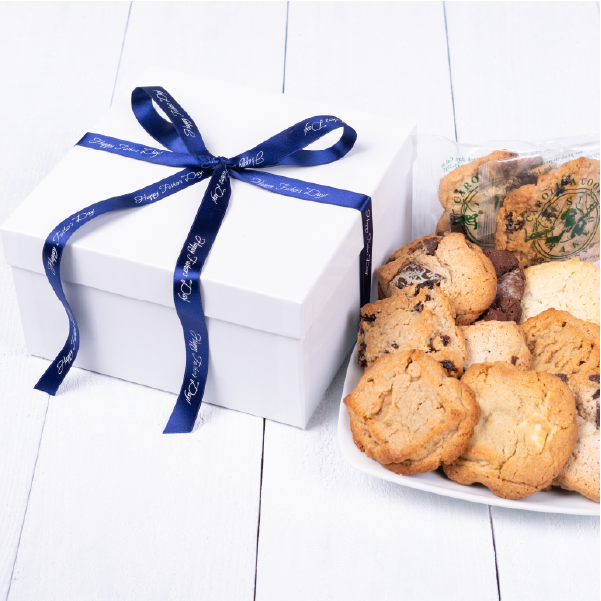 Happy Father's Day Gift- white cookie box with blue ribbon. Choose the cookies flavors yourself: Chunky Chocolate Pecan, Cranberry Pistachio, Toffee Apple and more