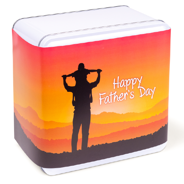 A Cookie Tin gift for your father on his birthday or Father's Day celebration. Printed with Father and Child at Sunset image, by Carolina Cookie