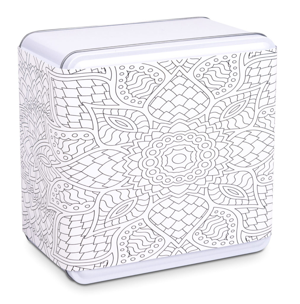 White cookie tin Mandala perfect gift for spiritual loved ones. By Carolina Cookie