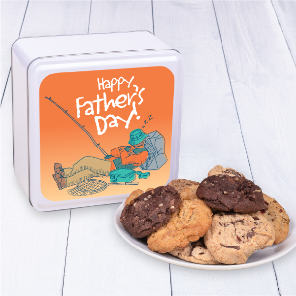 Father's Day gift, a cookie tin with Happy Father's Day message on top. Fresh cookies can be delivered directly to his doorstep.